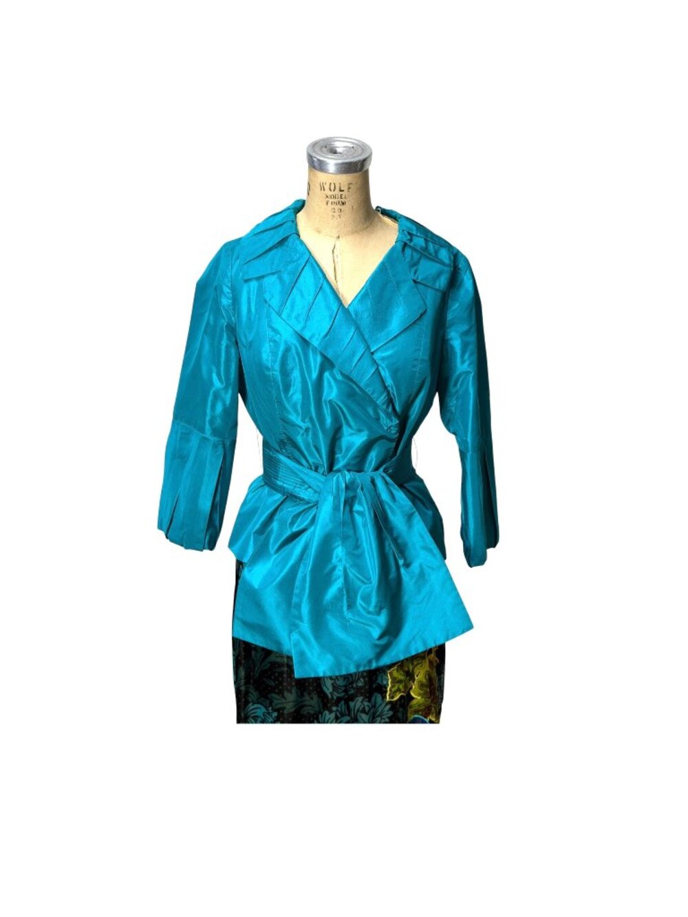 Vintage CARLISLE Teal Silk Dupioni Wrap Jacket /Evening Blouse w/ Ruched Collar